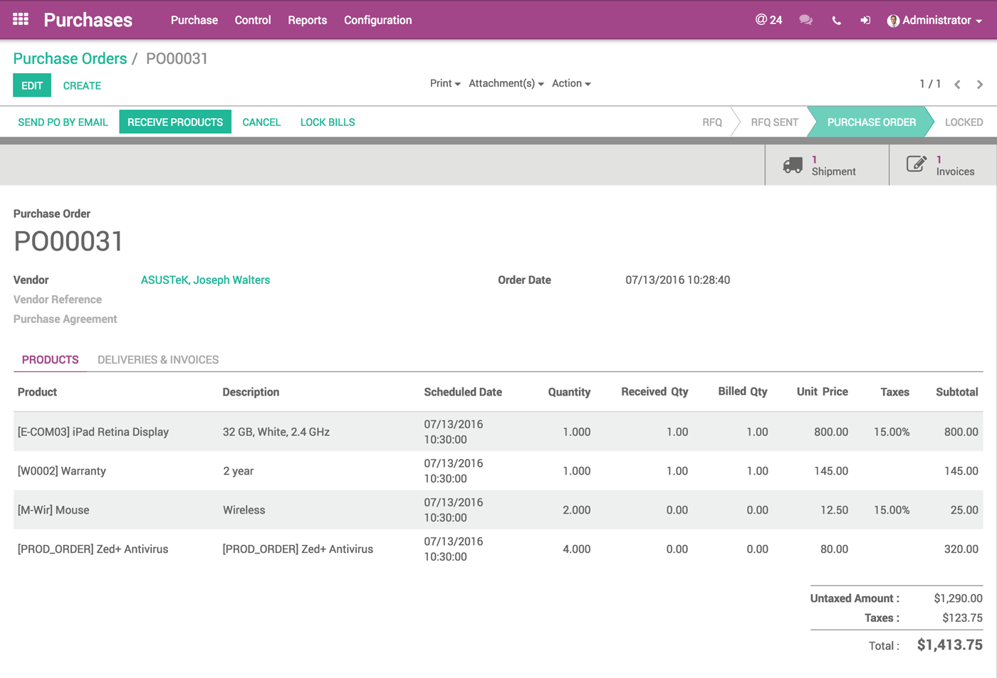 Odoo purchase, purchasing, storage, accounting